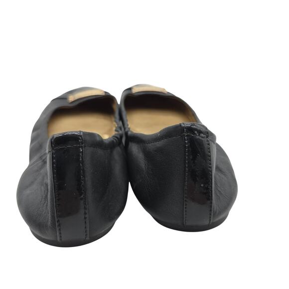 Coach Darsi Black Leather Ballet Flat Size 7 Cap Toe Patent Gold Detail - Picture 6 of 8